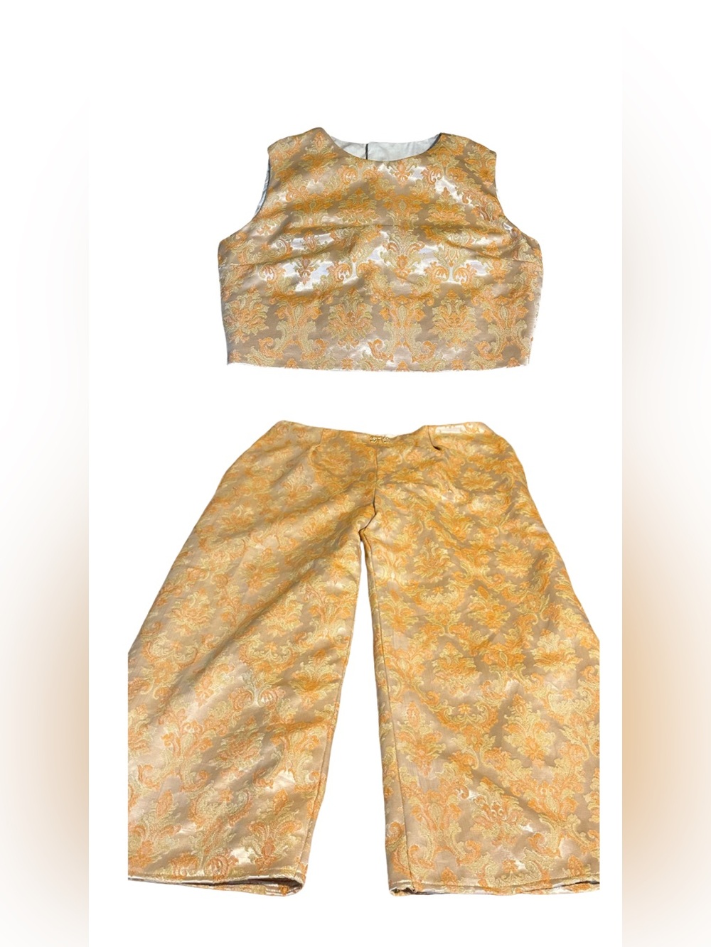 HANDMADE UPCYCLED WIDE LEG PANTS & CROP TOP CREAM & ORANGE SET (XL) - Picture 8 of 12